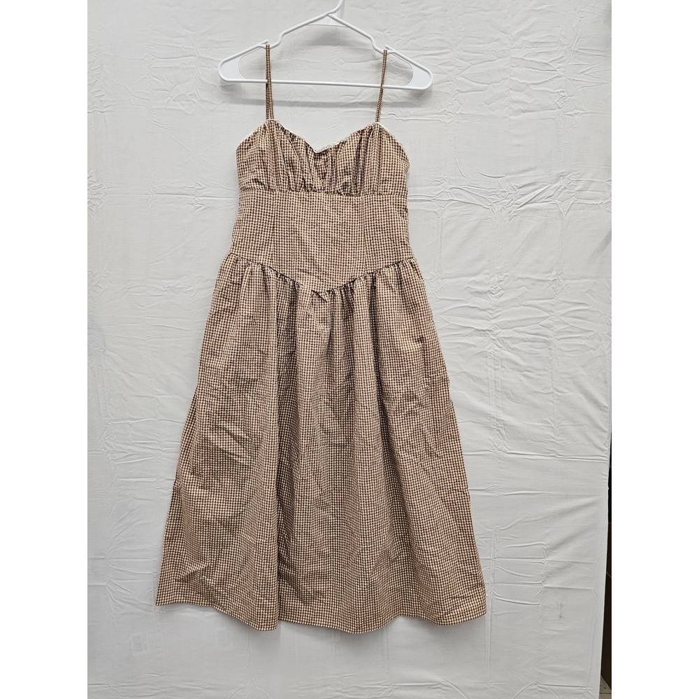 A New Day Womens Gingham Midi Dress Brown Cotton Blend Casual Size Small